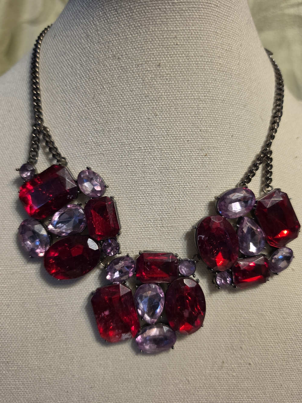 #1455 Statement Red and Lavender Crystal Necklace